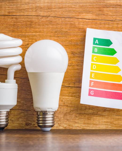 Energy saving light bulb and energy label. Fluorescent and led Lightbulb on a wooden table.